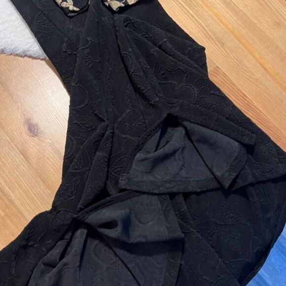 VTG Womens Black Gold Floral Embroidered Midi Dress With Side Slits Size L/XL - Picture 8 of 13